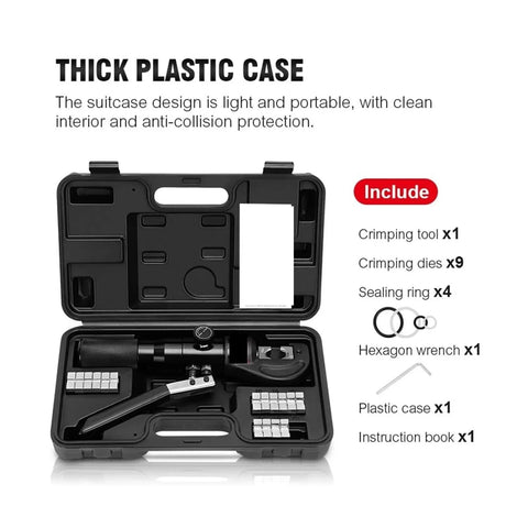 Hydraulic Crimping Tool Pliers With 180 Degree Swivel Head For Battery Cables And Power Wires Aluminum Body in plastic case with dies.