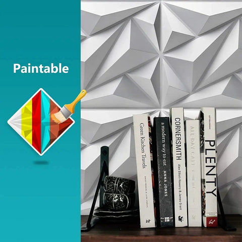 Diamond 3D PVC Wall Panels White, Easy DIY Accent Wall Decor, 19.7 Inch Square Tiles, close-up of diamond pattern with books