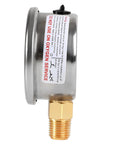 Side view of a durable fuel pressure gauge 2 inch made from 304 stainless steel, featuring a DO NOT USE ON OXYGEN SERVICE warning.