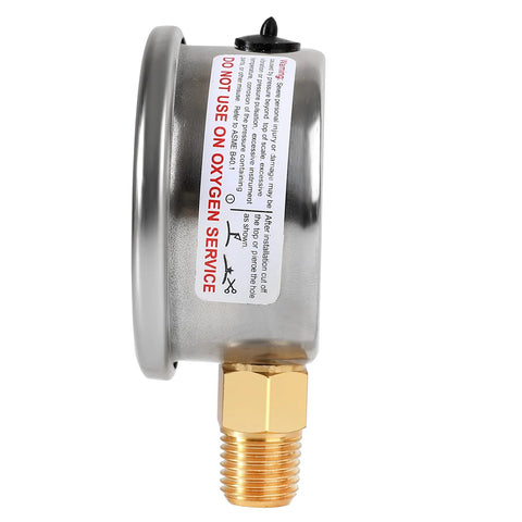 Side view of a durable fuel pressure gauge 2 inch made from 304 stainless steel, featuring a DO NOT USE ON OXYGEN SERVICE warning.