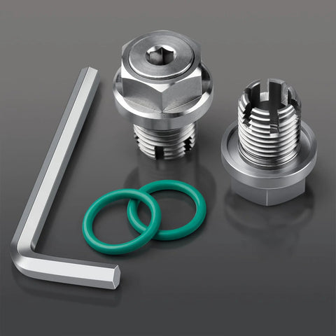 Piggyback oil drain plug repair kit, stainless steel M14.1-1.5 oversize, with two green O-rings and hex key