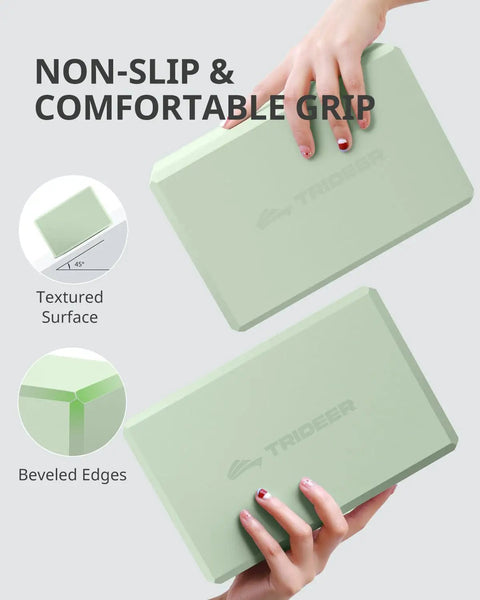Two Premium Soft Foam Yoga Blocks For Pilates And Meditation Lightweight Odorless Cushioned Supports in mint green with textured surface.