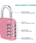 Pink four-digit combination padlock with silver U-shaped shackle; front view showing rotating dials