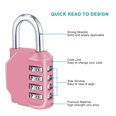 Pink four-digit combination padlock with silver U-shaped shackle; front view showing rotating dials