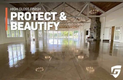 Straight Up Pro Grade 5 Gallon Solvent Based Acrylic High Gloss Wet Look Concrete Coating And Paver Sealant applied on a polished floor.