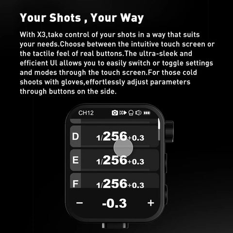 X3 C TTL Wireless Flash Trigger For Canon Cameras With 2 4G Connectivity OLED Touchscreen showing settings on black background