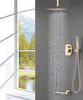 UMJIGF Shower System,Ceiling Mount Brushed Gold Bathroom Brass Ceiling 10-12 Inch Rainfall Shower Faucet System Mixer Set with Tub Taps,A,10 Inch,A-12 Inch, featuring a ceiling rain shower head.