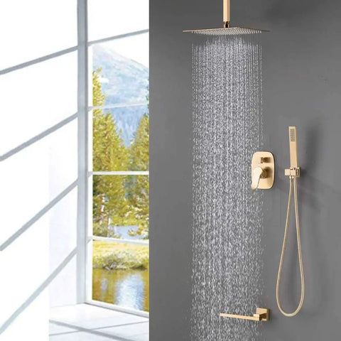 UMJIGF Shower System,Ceiling Mount Brushed Gold Bathroom Brass Ceiling 10-12 Inch Rainfall Shower Faucet System Mixer Set with Tub Taps,A,10 Inch,A-12 Inch, featuring a ceiling rain shower head.