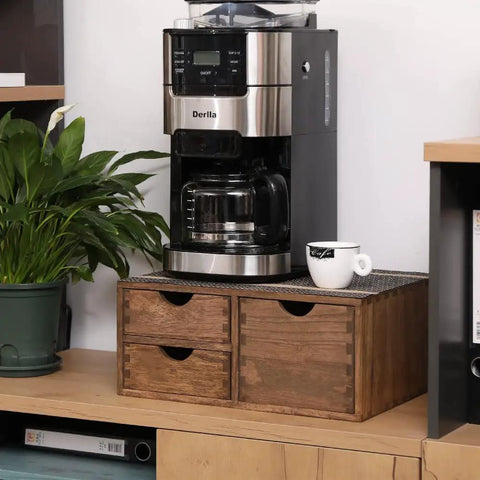 Coffee Pods Storage Drawer Organizer For K Cups And Capsules For Coffee Maker Dual Compartment Desk Drawer With Detachable Partition Fits Small And Large Pods Kitchen Counter Box Dark Wood Mini Chest Your Caffeine Fix under coffee maker on counter with plants.