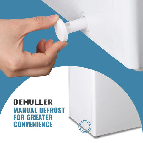 User adjusting manual defrost feature on No Sweat Compact Chest Freezer With Dual Removable Baskets And Precision Digital Display To Keep Your Grocery Stash Rock Solid Cold In White Finish Quick Freeze Unit.