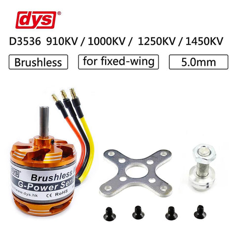 D3536 1450KV Brushless Outrunner Motor For Beefy RC Multicopters And Fixed Wing UAVs, 5.0mm Shaft, 2-4S LiPo Compatible, Includes 3.5mm Banana Plug Adapters, High-Performance RC Aircraft Motor shown with accessory parts.