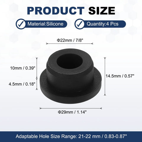 4 Pack T Shaped Silicone Plugs Pro Grade 22.3mm Seven Eighths Inch Diameter Snap In Hole Seals with dimensions shown