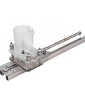 Wood router tool jig, side view with adjustable metal bar, fence and clear plastic guide for slotting