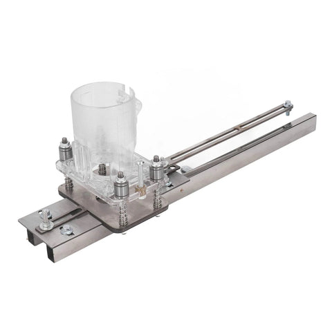 Wood router tool jig, side view with adjustable metal bar, fence and clear plastic guide for slotting