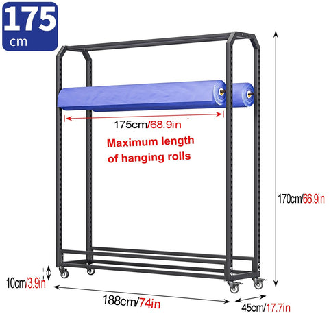 Rock Solid Commercial Fabric Roll Storage Rack Featuring Adjustable Hanging Bars For Wallpaper Linen Setup Plus Hella Sturdy Steel Frame Top Tier Workshop Organizer with two blue fabric rolls.