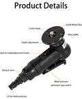 Front view handheld pneumatic chamfering tool with 1/4in air inlet, depth adjustment and 5-speed knob.