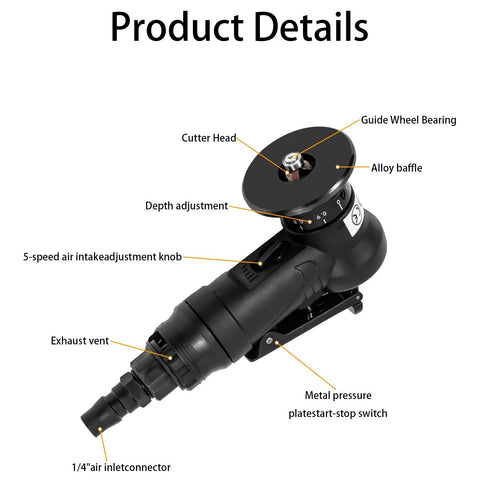 Front view handheld pneumatic chamfering tool with 1/4in air inlet, depth adjustment and 5-speed knob.
