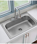 Single Hole Deck Mount Kitchen Faucet With Pull Down Sprayer And Forward Only Lever Chrome ADA Compliant Lead Free Certification NSF ANSI 61 372 Solid Brass Waterways Includes Two Aerators Easy Install installed on kitchen sink