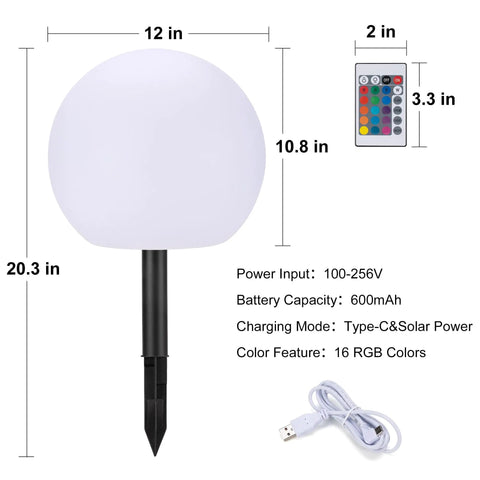 Solar Ball Light 12 Inch LED Outdoor Table Lamp 16 RGB Colors Dimmable Globe Light With Remote Decor for dimensions and accessories