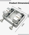 Solid Aluminum Soldering Wire Fixture With Ceramic Jaws And 4-Position Circuit Board Mounting Clamp showcasing dimensions of 2.66in x 3.07in x 1.29in.