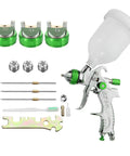 Top Tier Gravity Feed HVLP Air Spray Gun With 600Ml Cup And 1.7Mm Or 2.0Mm Nozzles set showcasing nozzles and cleaning tools.