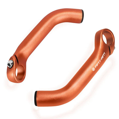 Orange Aluminum MTB Bar Ends For Mountain Bikes, Lightweight 6061 T6 Handlebar Extenders With Ergonomic Bend on white background