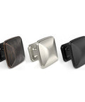 Square cabinet knobs in three finishes: wood grain, satin nickel, and matte black. Each knob features a modern design for versatile use.