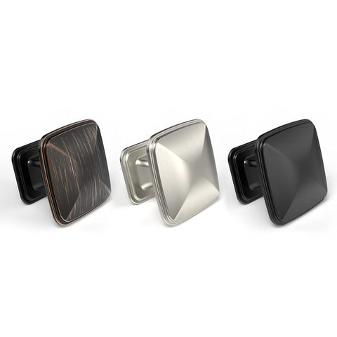 Square cabinet knobs in three finishes: wood grain, satin nickel, and matte black. Each knob features a modern design for versatile use.