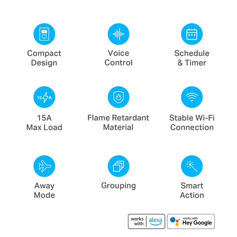 Ultra Mini Smart Plug 15A WiFi Outlet That Works With Alexa Google Home And IFTTT No Hub Needed UL Certified features icons