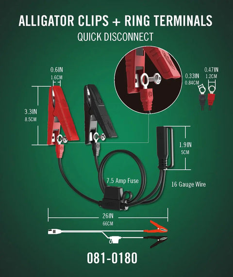 Image showing alligator clips and ring terminals with dimensions for 800 Milliampere SuperSmart Battery Charger And Maintainer.