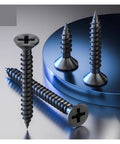 M3.5 Black Flat Head Wood Screws Featuring Phillips Drive for quick fixes, set against a reflective surface.