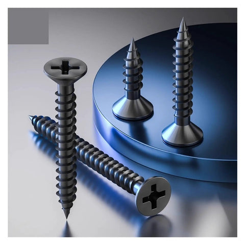 M3.5 Black Flat Head Wood Screws Featuring Phillips Drive for quick fixes, set against a reflective surface.