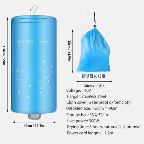 Portable 900W Mini Electric Clothes Dryer Rack For Apartments And Travel Ready with dimensions and specifications.
