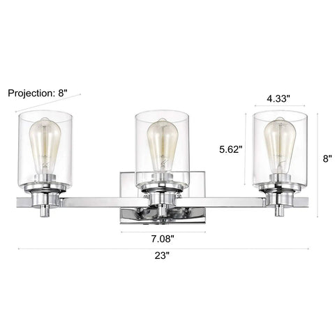 3 Light Chrome Vanity Light Fixtures Over Mirror With Clear Glass Shades Farmhouse Style Wall Sconce Lighting For Bathroom