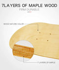 Close-up of 7-layer maple skateboard deck, highlighting wood texture, showing durability and quality in construction.