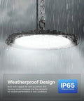 10 Pack UFO LED High Bay Lights 150W 19500 Lumens 6000K Ultra Bright Heavy Duty Shop Lighting For Warehouse Factory Workshop Garage Barn Ceiling Mount Plug And Play 120V UL, showing a single weatherproof light in the rain with IP65 rating.