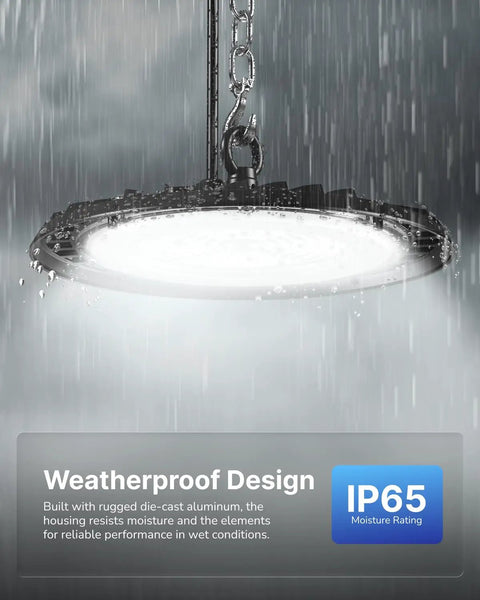 10 Pack UFO LED High Bay Lights 150W 19500 Lumens 6000K Ultra Bright Heavy Duty Shop Lighting For Warehouse Factory Workshop Garage Barn Ceiling Mount Plug And Play 120V UL, showing a single weatherproof light in the rain with IP65 rating.