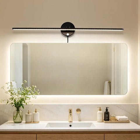 32 Inch Picture Lights For Bathroom Vanity And Over Mirror Wall Lighting, Plug In Or Hardwired 18W 3000K Dimmable LED, sleek black fixture