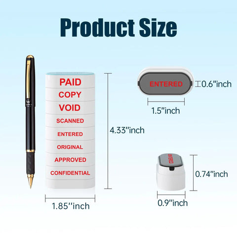 Product size chart for Solid Workhorse Eight In One Self Inking Office Stamp Set For Paid Copy Void Scanned Entered Original Approved Confidential Documents.