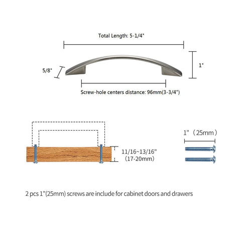 Diagram of Arched Satin Nickel Cabinet Handle Drawer Pull For Kitchen Cabinets And Furniture, 96mm Center To Center Spacing