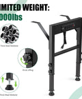 Heavy Duty Height Adjustable Workbench Frame Built Like A Beast Featuring Quick Connect AC And Dual USB Ports On Rust Resistant Steel Legs with a 1000lb weight limit, showing knob lifting.