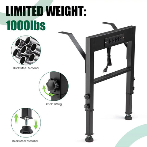 Heavy Duty Height Adjustable Workbench Frame Built Like A Beast Featuring Quick Connect AC And Dual USB Ports On Rust Resistant Steel Legs with a 1000lb weight limit, showing knob lifting.