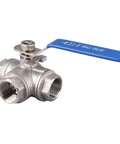 Top Shelf Three Way Stainless Steel Ball Valve With T Type Design For Plumbing And Gas Lines Built Tough As Nails To Deliver Corrosion Resistant Flow Without Any Drama, 20 mm, SUS304, with blue handle.