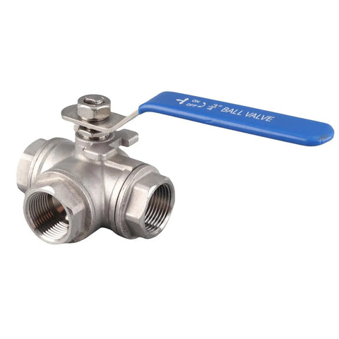 Top Shelf Three Way Stainless Steel Ball Valve With T Type Design For Plumbing And Gas Lines Built Tough As Nails To Deliver Corrosion Resistant Flow Without Any Drama, 20 mm, SUS304, with blue handle.