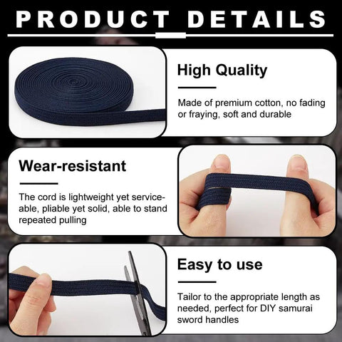 Dark Blue Ito Sageo Wrapping Cord 0.51 Inch Wide Silk-Cotton Blend For Katana Tsukamaki Sword Handle Wrapping Rope 5 Meters Long