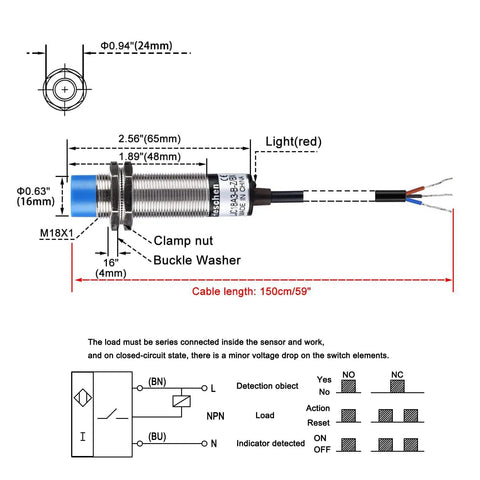 Diagram of M18 Capacitive Proximity Sensor Non Shield Type LJC18A3 B Z BX Detector, showing dimensions and wiring details.
