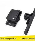 Push To Close Cabinet Latch For Drawers With Grabber Catch Mechanism in black plastic, internal mounting design visible