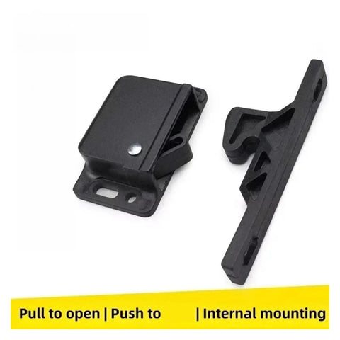 Push To Close Cabinet Latch For Drawers With Grabber Catch Mechanism in black plastic, internal mounting design visible