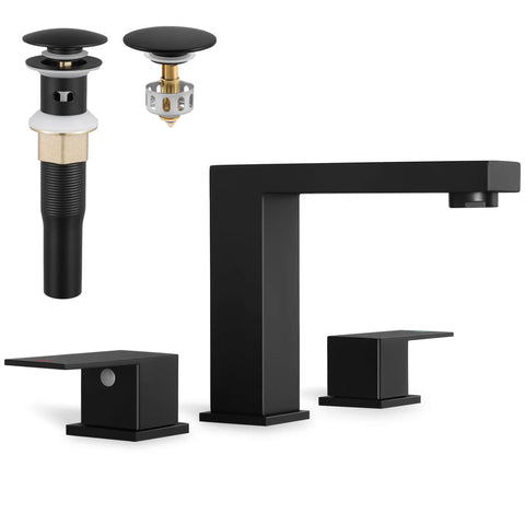 All Metal Matte Black Bathroom Faucet With Pop Up Drain And Overflow, 8 Inch Widespread 3 Hole Vanity, SUS 304 Stainless Steel Build