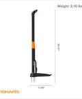 Stand-Up Weed Puller Tool with 4 Serrated Claws, Reinforced Foot Platform, 39 Inch Reach, Easy Eject pictured with dimensions